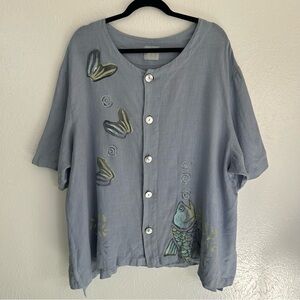 Vintage Blue Fish Coastal Sea Handpainted Linen Top Beach Lagenlook 80s 90s